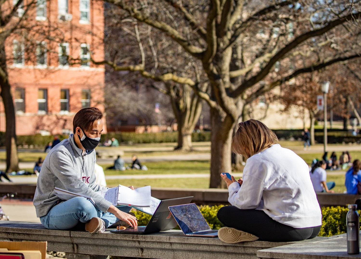 Spring weather beckons students to the main quad as students study, play and socialize outdoors during a year of COVID-19 safety precautions.   Homework. Finals. Studying